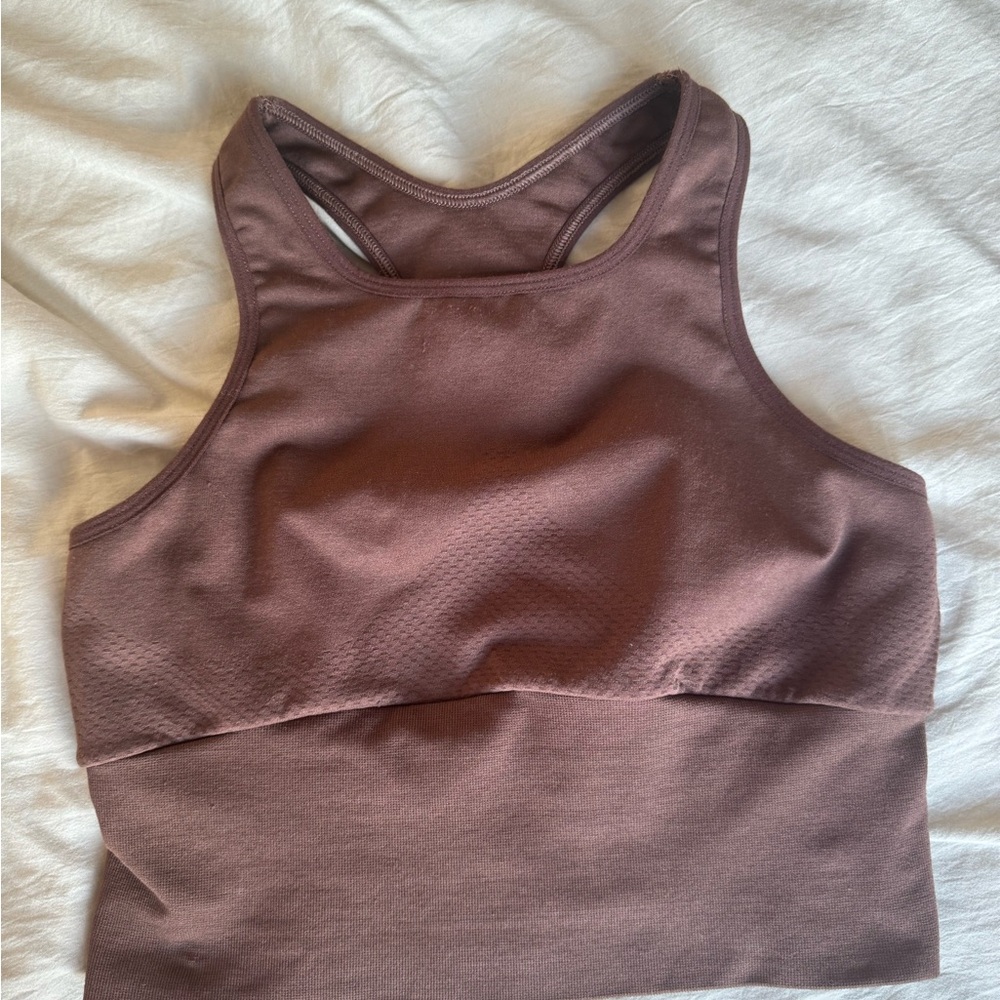 Brown Racerback Sports Bra with High Neckline